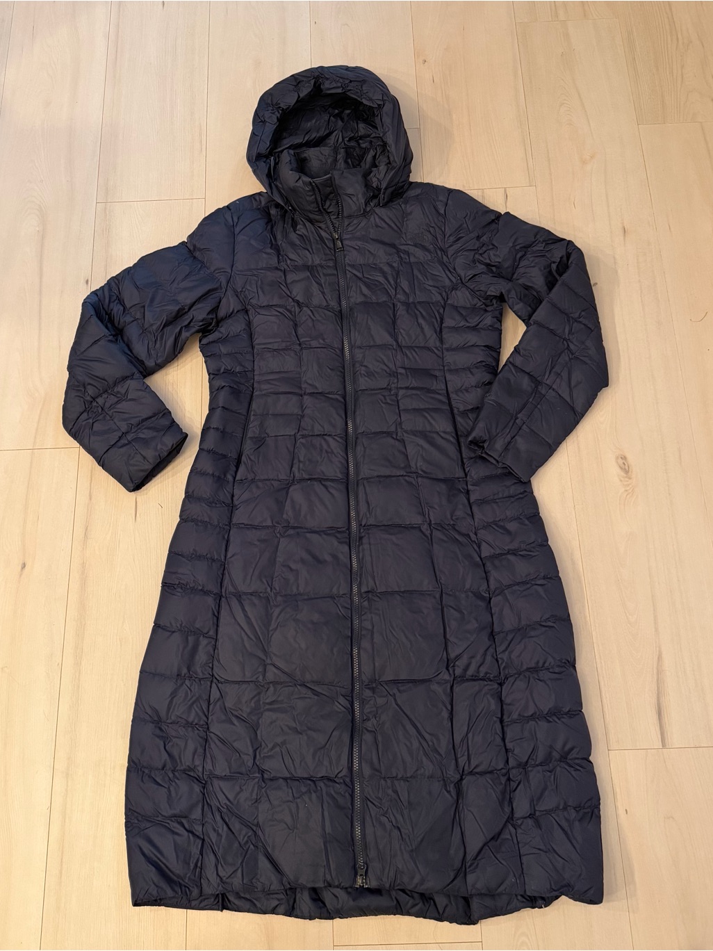The North Face Long Blue Quilted Hooded Puffer Coat